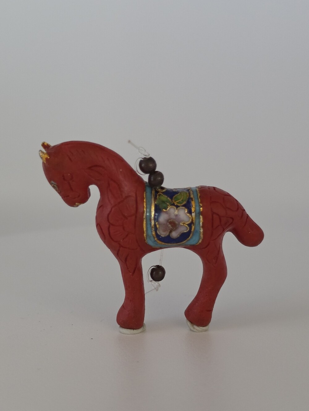 Cinnabar & Cloisonné Chinese Year of the Horse Bead or Pendant  ~2 1/2" X 2 1/4"